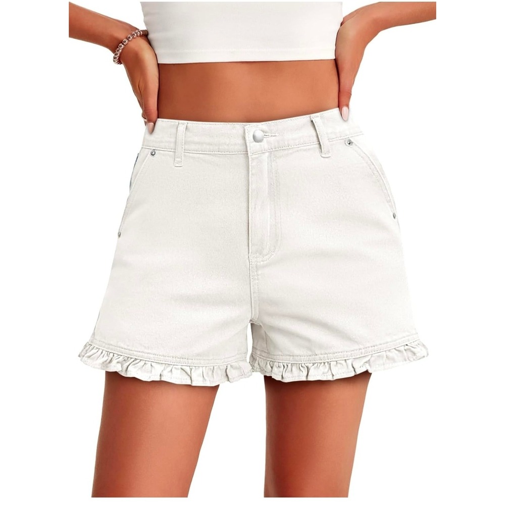 Aoysky Women's White High Waisted Ruffle Hem Denim Shorts NWT Size 10